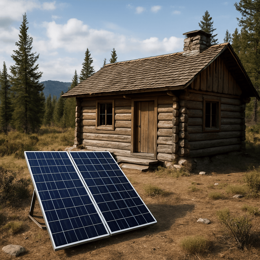 A rustic off-grid cabin with solar panels in a remote setting