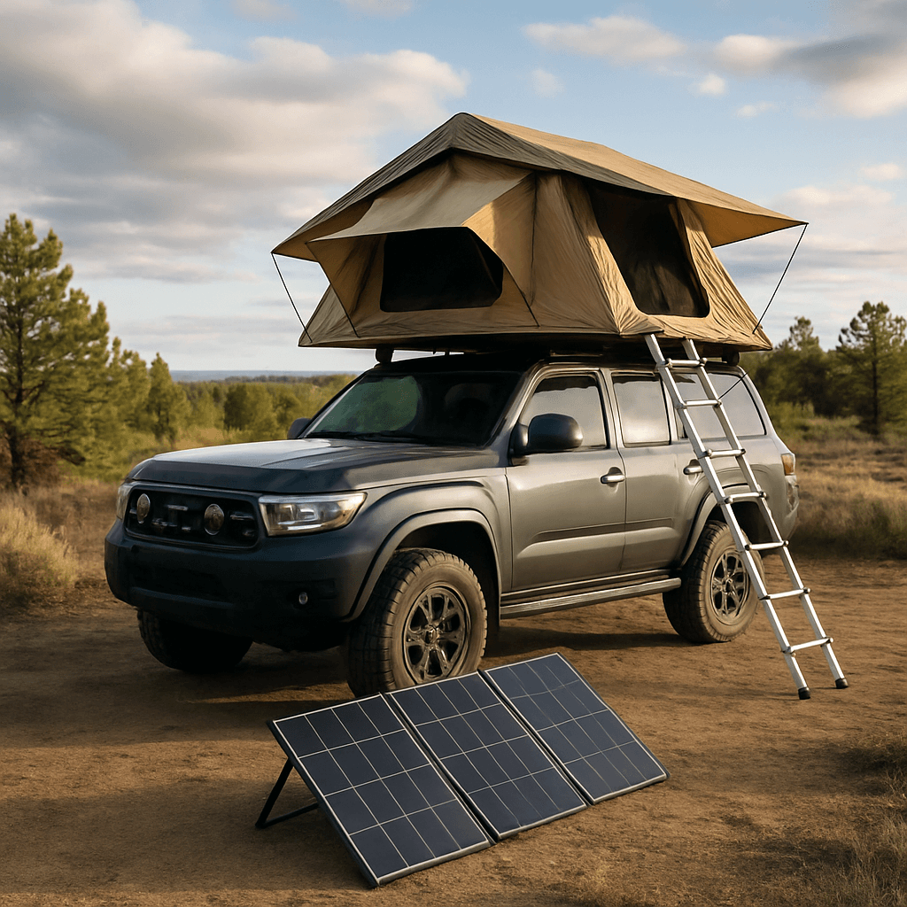 An off-road vehicle with a rooftop tent and solar panel at a campsite
