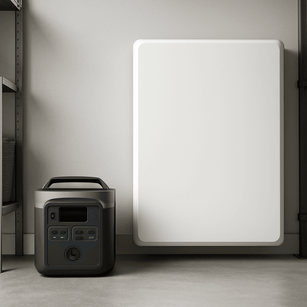 A portable power station next to a wall-mounted home battery system in a garage