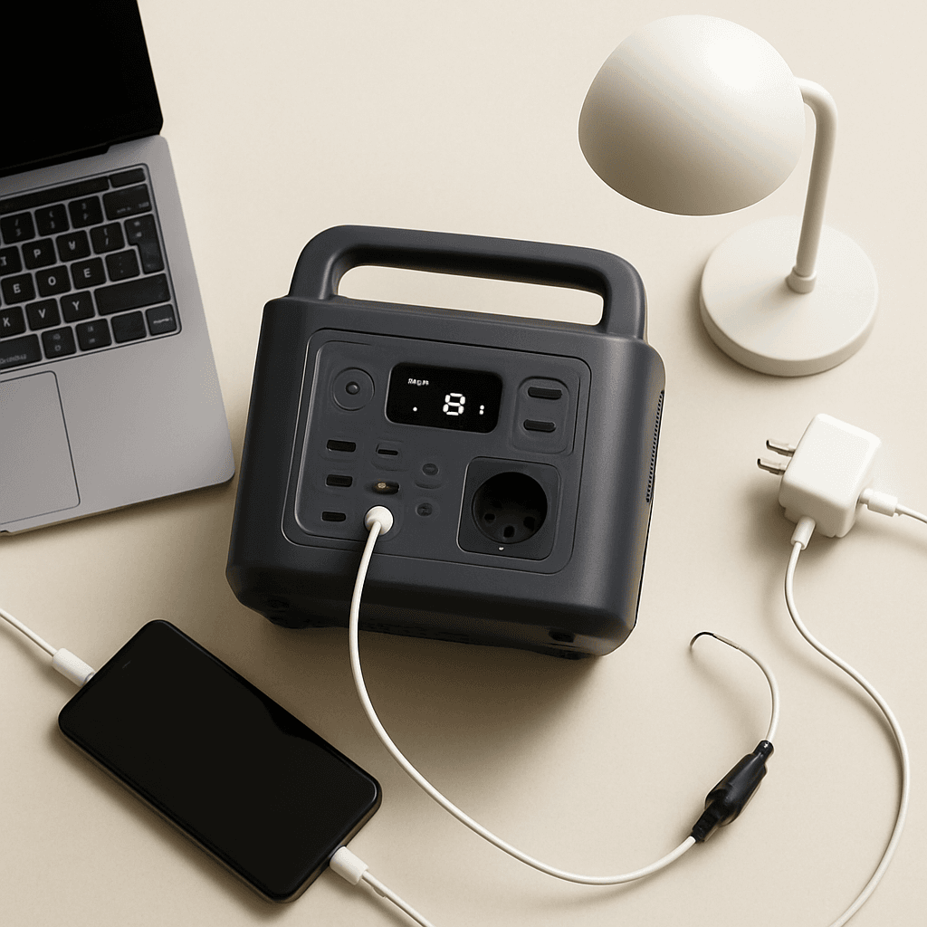 A portable power station surrounded by devices illustrating power sizing