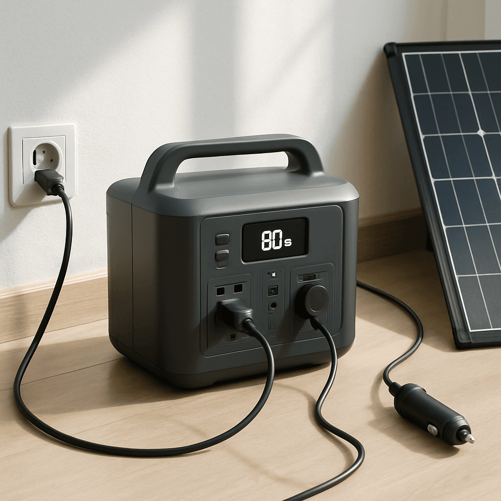 A portable power station with AC, car, and solar charging methods shown