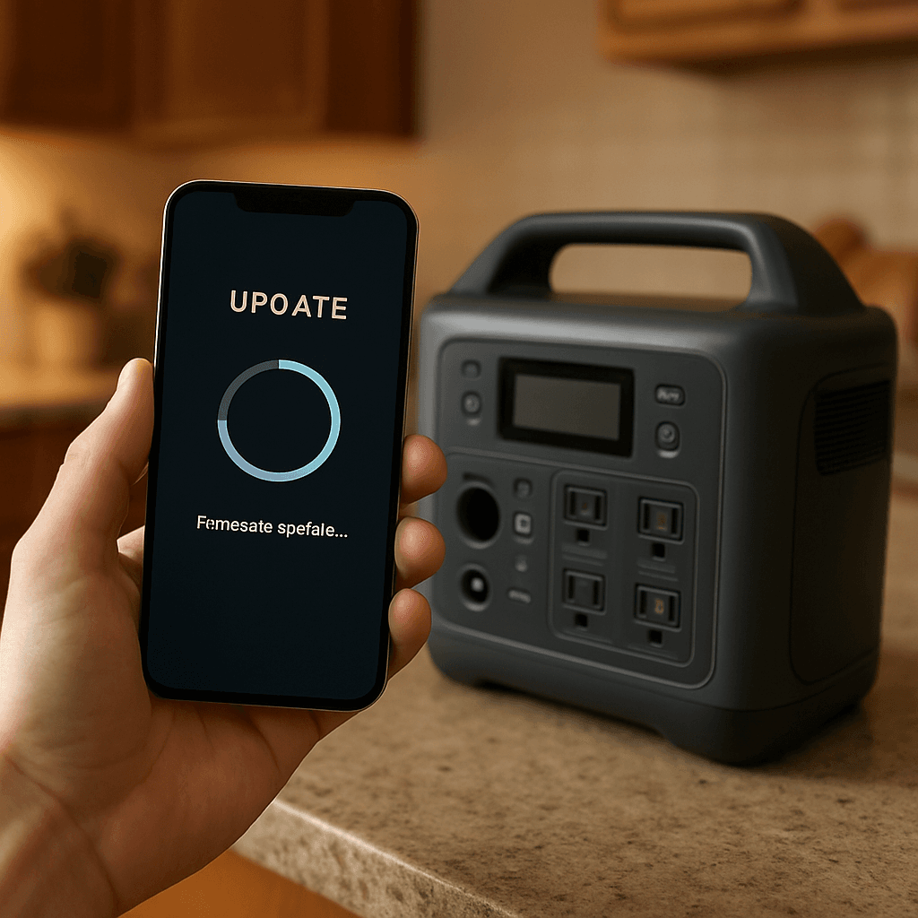 A smartphone showing a firmware update screen next to a portable power station