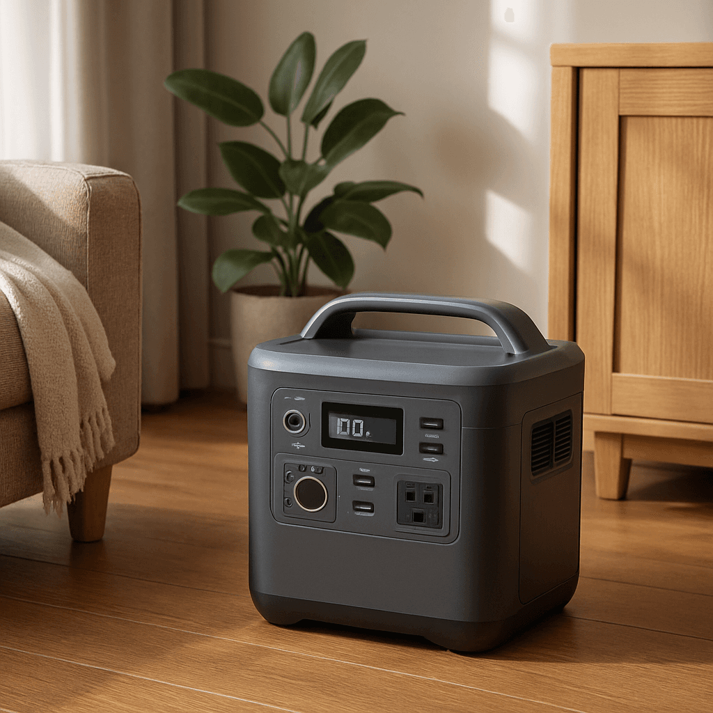 A portable power station placed safely in a ventilated living room