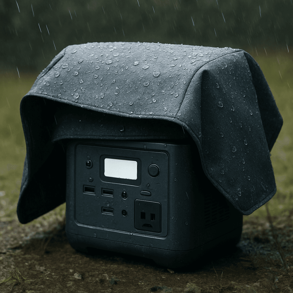 A portable power station under a protective cover in light rain