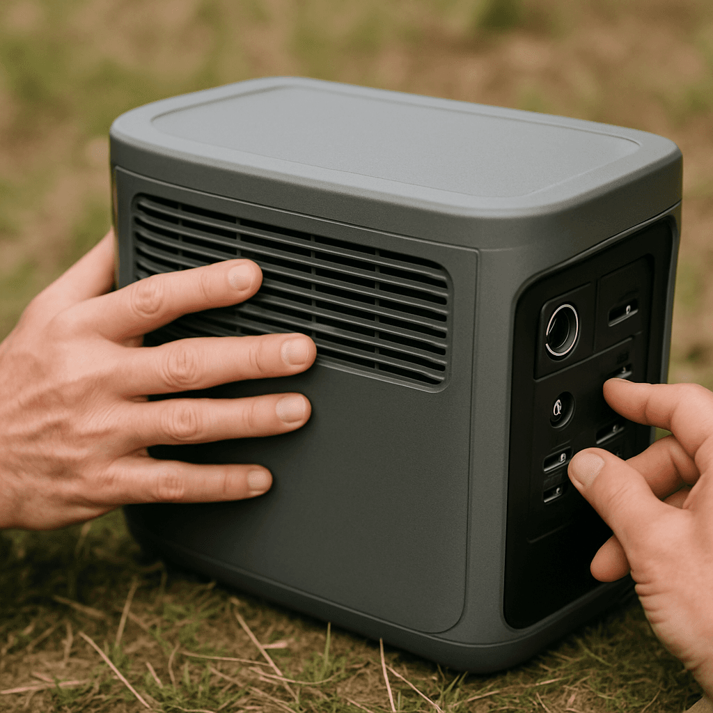 Hands inspecting a portable power station outdoors