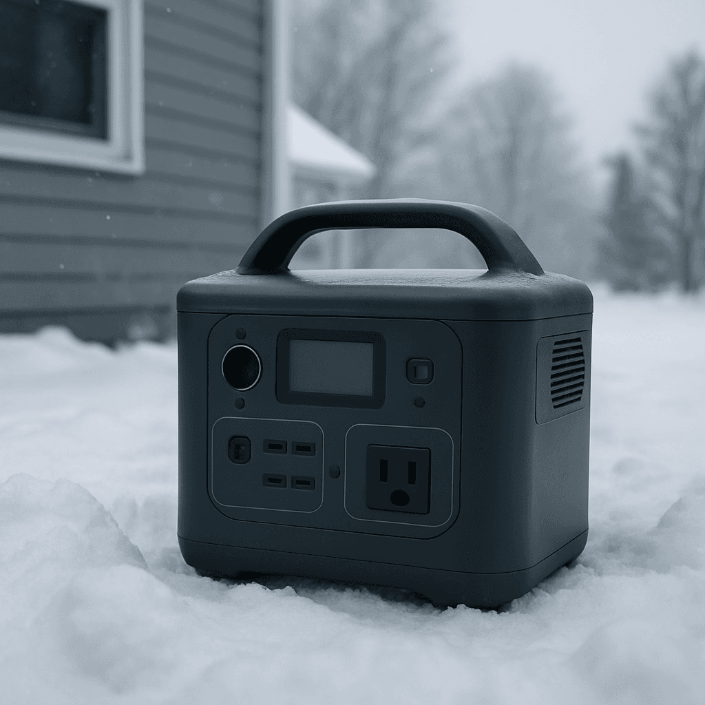 A portable power station sitting outside in the snow