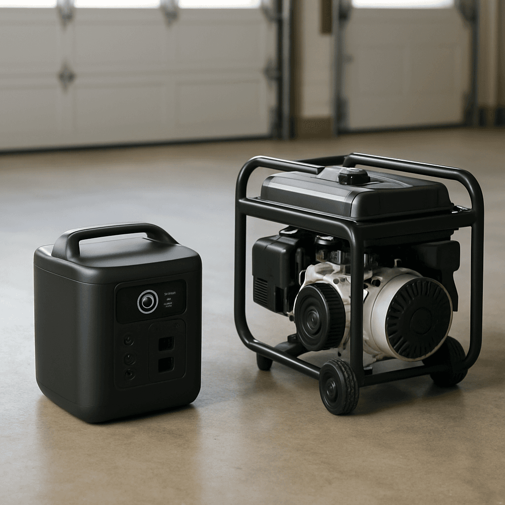 A portable power station next to a traditional gas generator