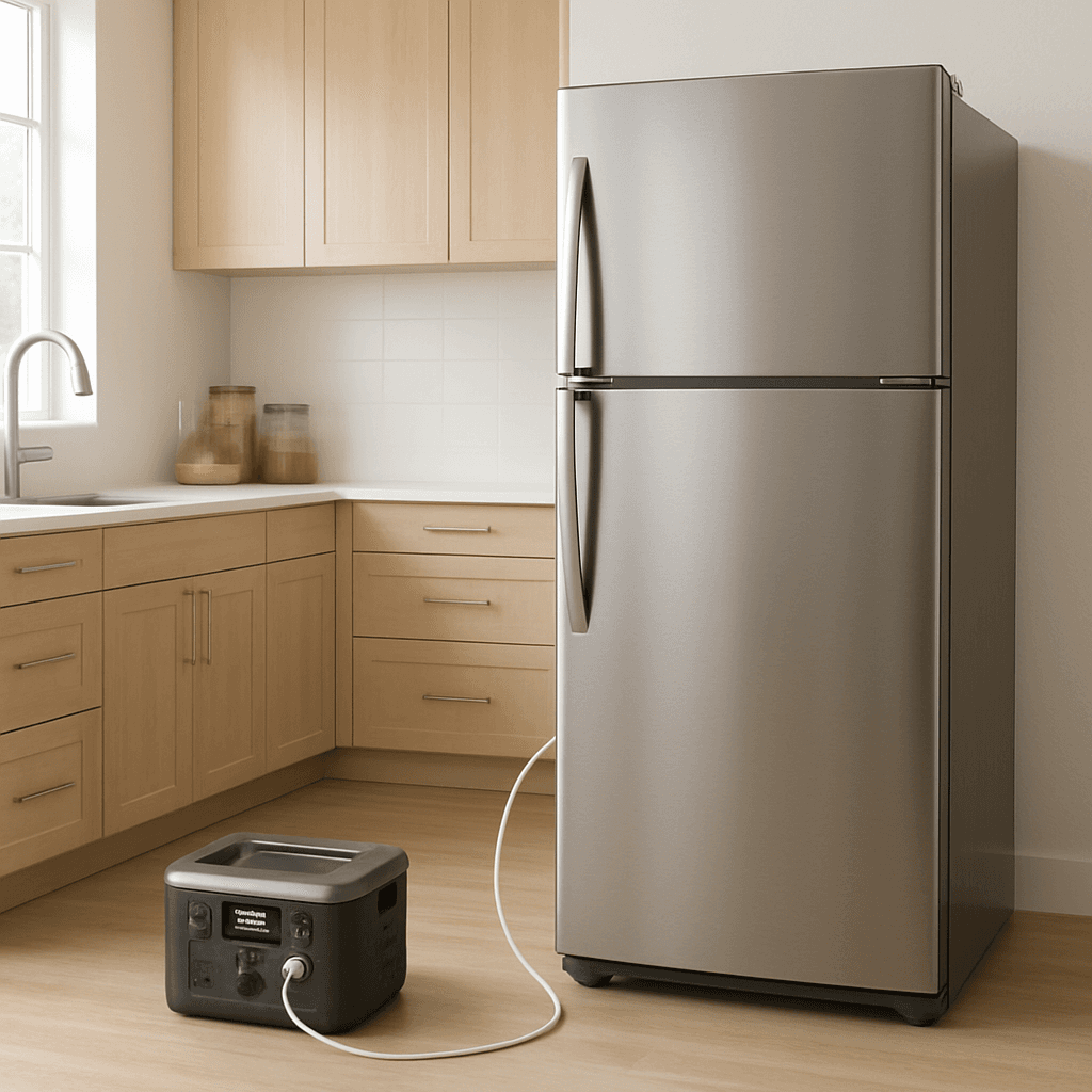 A kitchen refrigerator connected to a portable power station