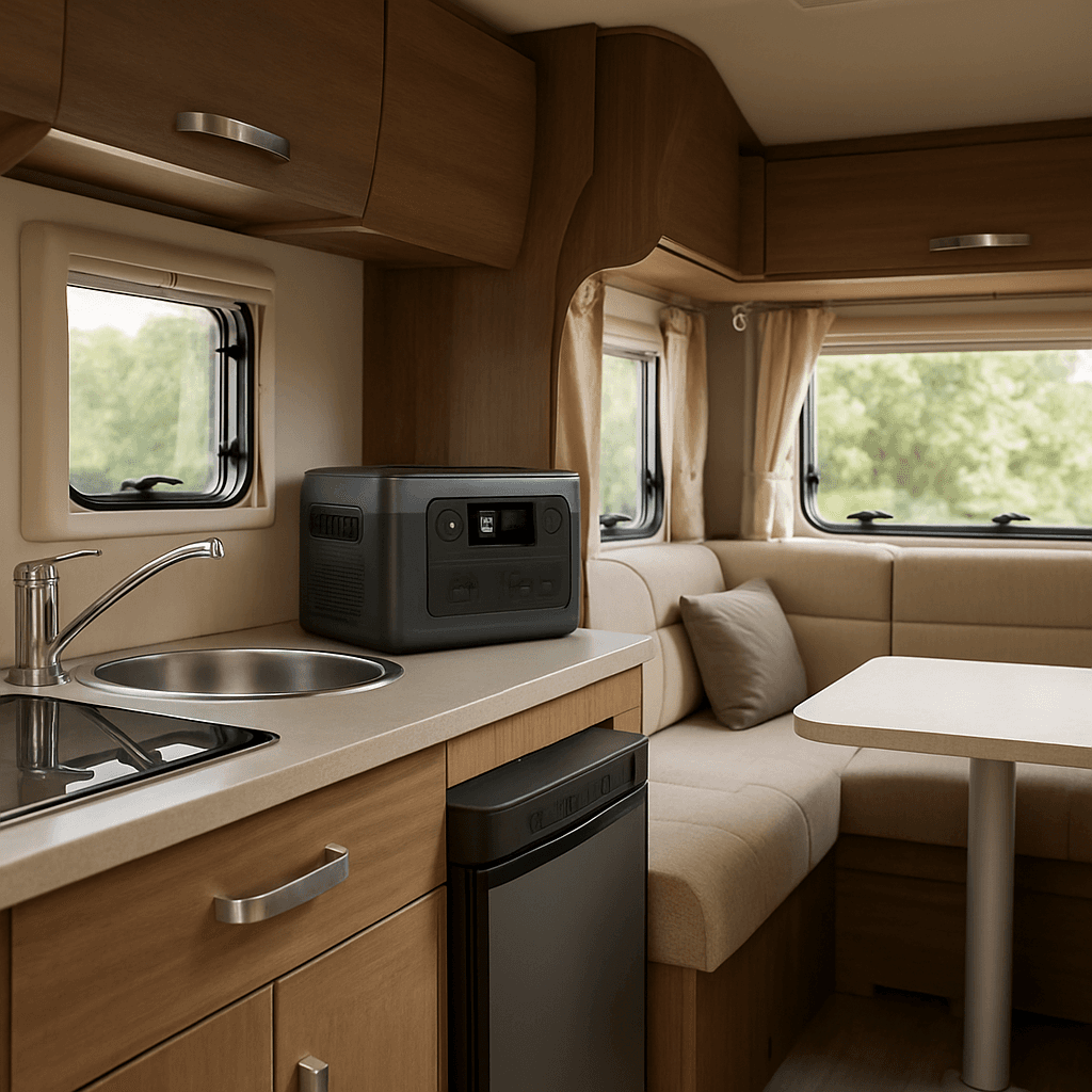 The interior of an RV with a portable power station near the kitchenette