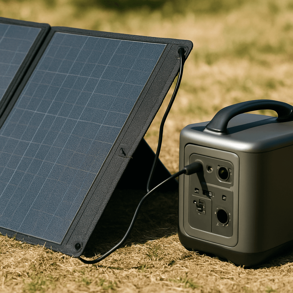 A close-up of a foldable solar panel connected to a power station