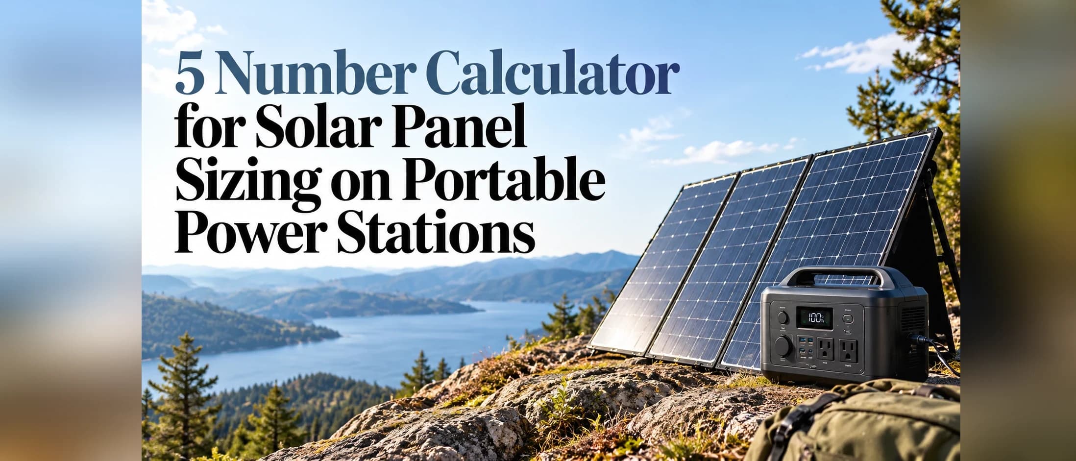 A foldable solar panel array beside a portable power station on a rocky overlook above a lake