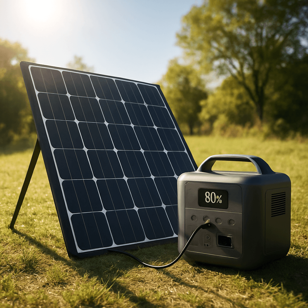 A solar panel charging a portable power station with a percentage display