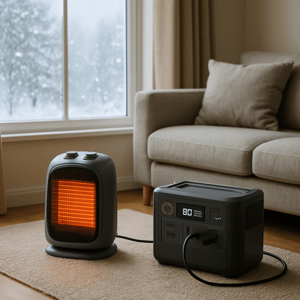 A space heater connected to a portable power station during a winter storm