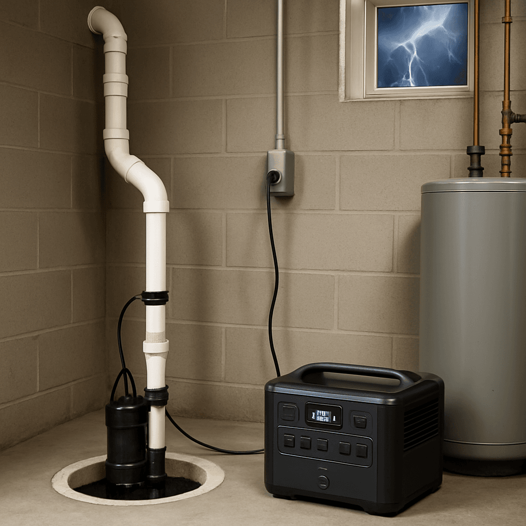 A sump pump system in a basement with a power station connected