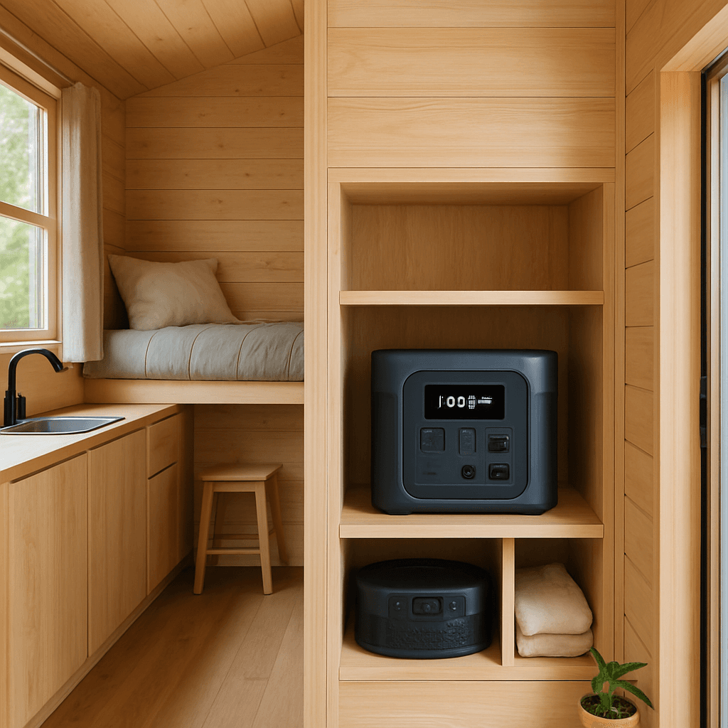 The interior of a tiny house with a portable power station in a utility nook