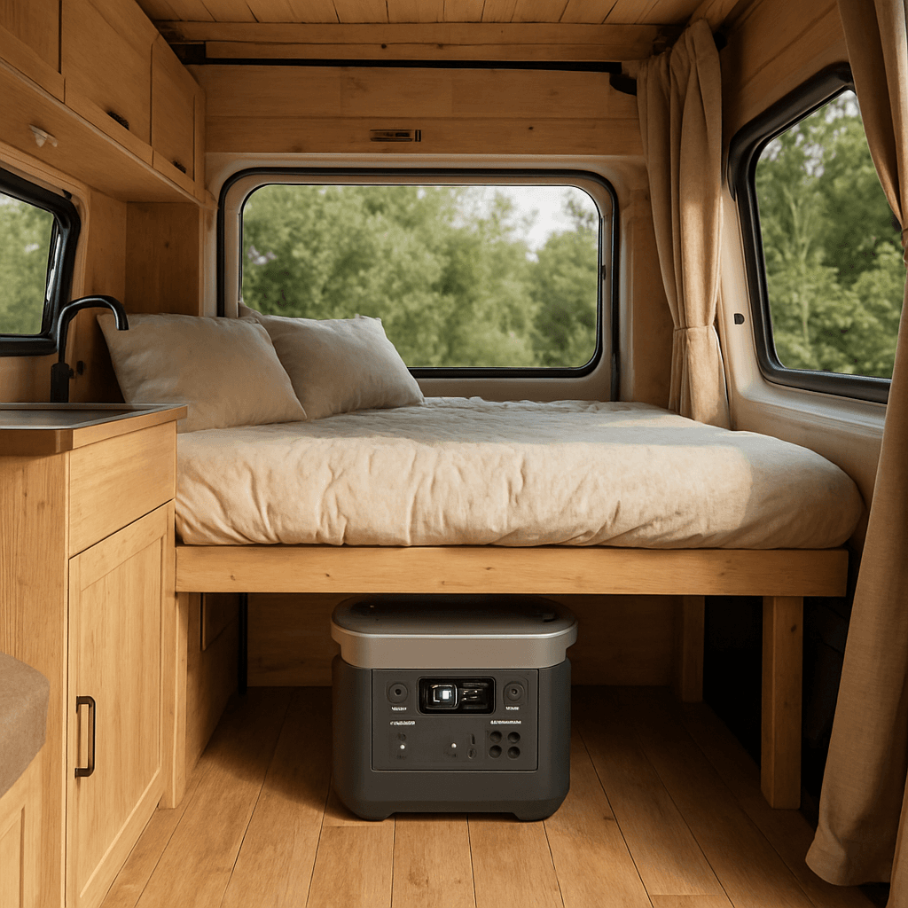 A converted camper van interior with a portable power station