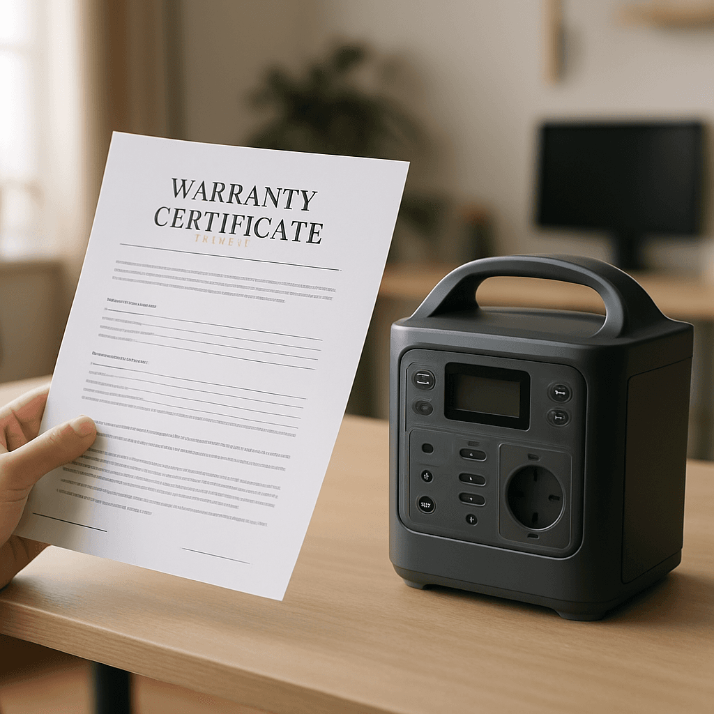 Warranty document next to a portable power station