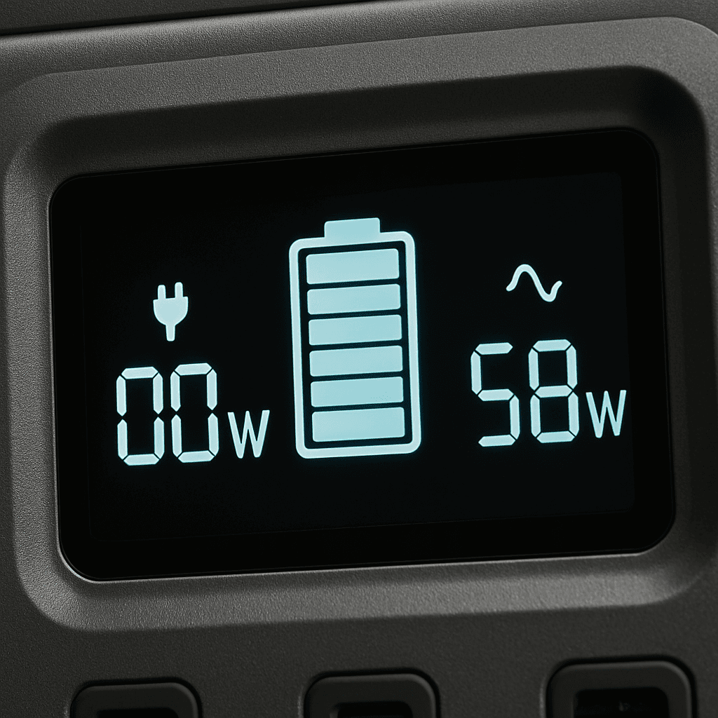 A portable power station display screen showing power readings