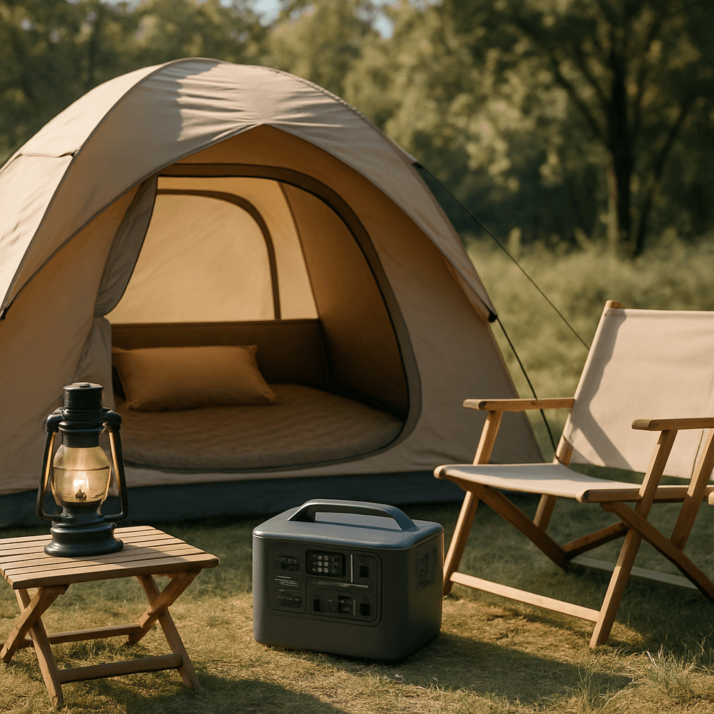 A weekend camping setup with a tent and portable power station