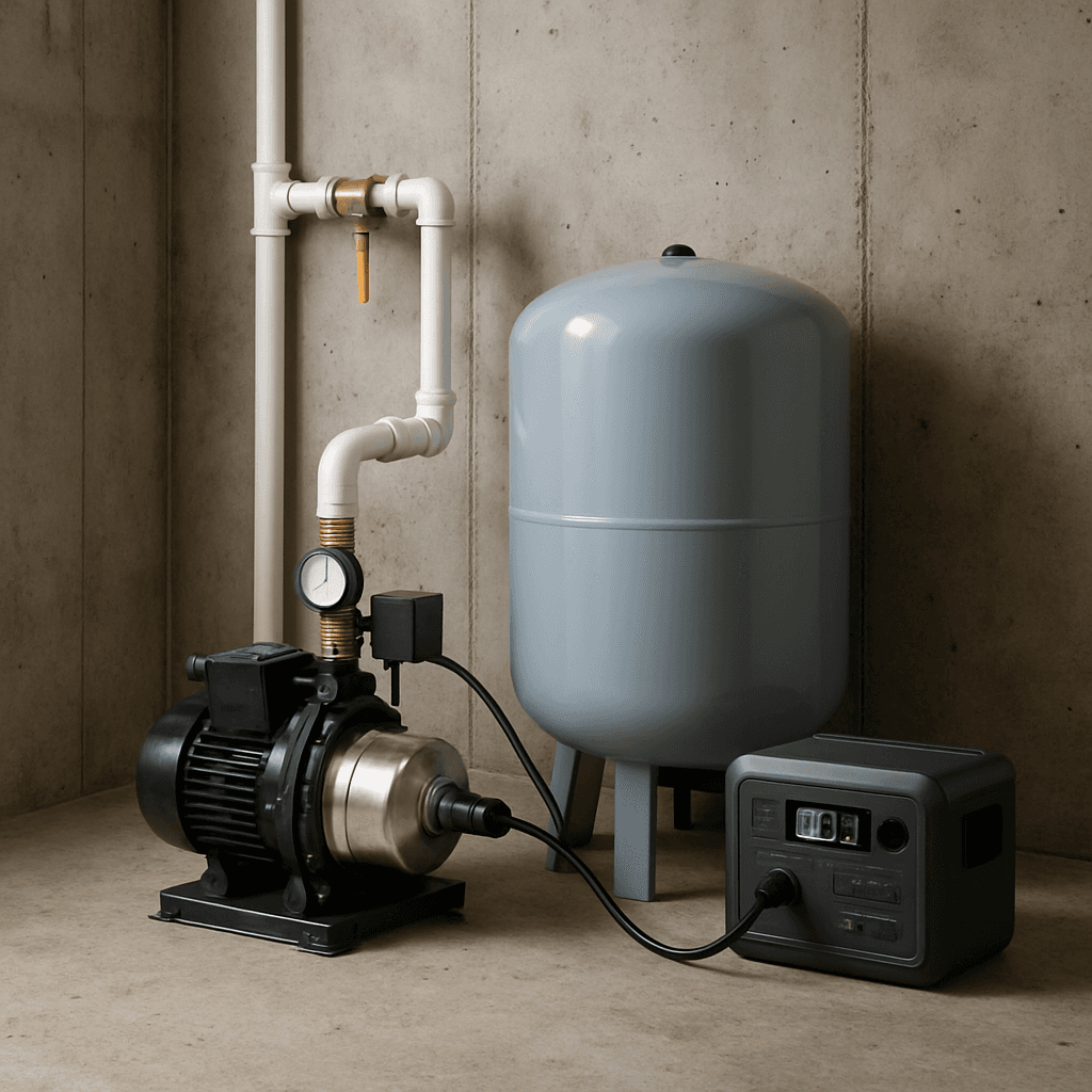 Residential well pump system in a basement utility room