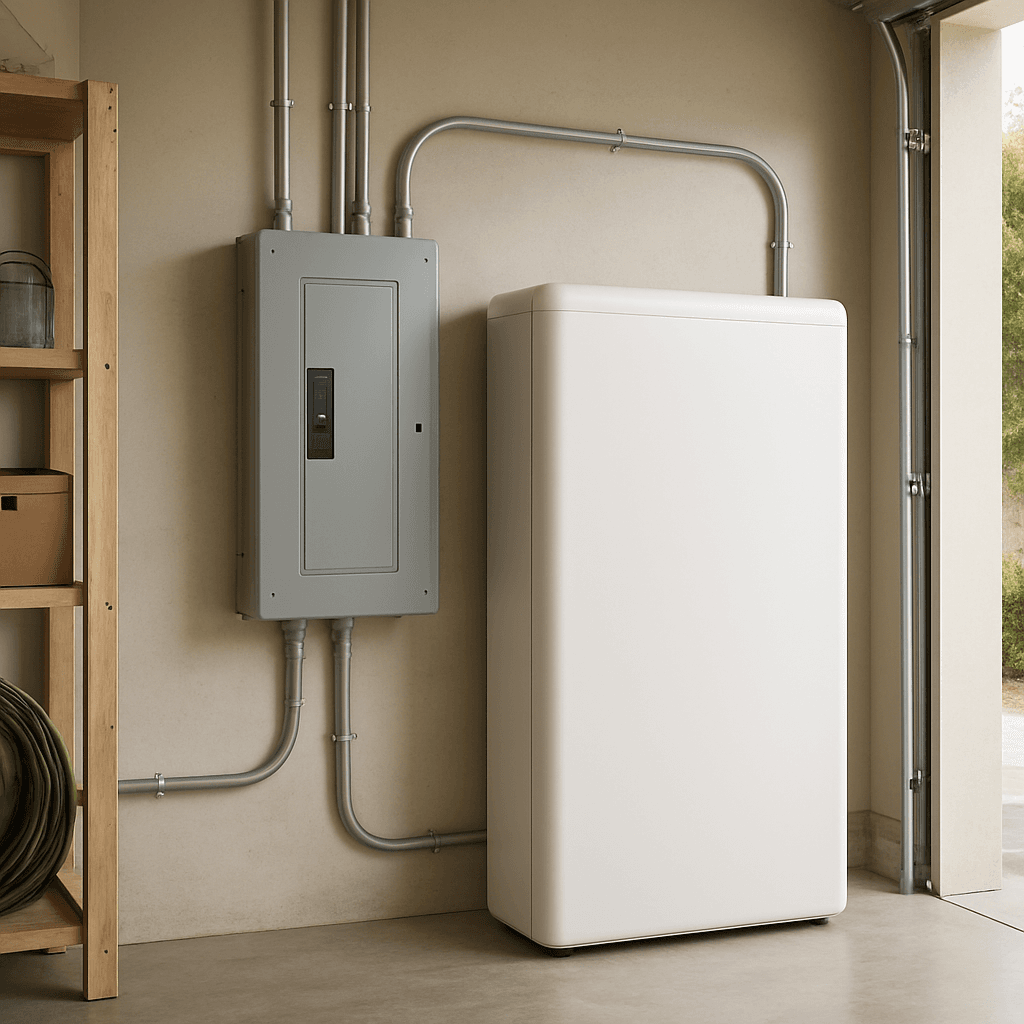 A whole-home battery backup system installed in a garage