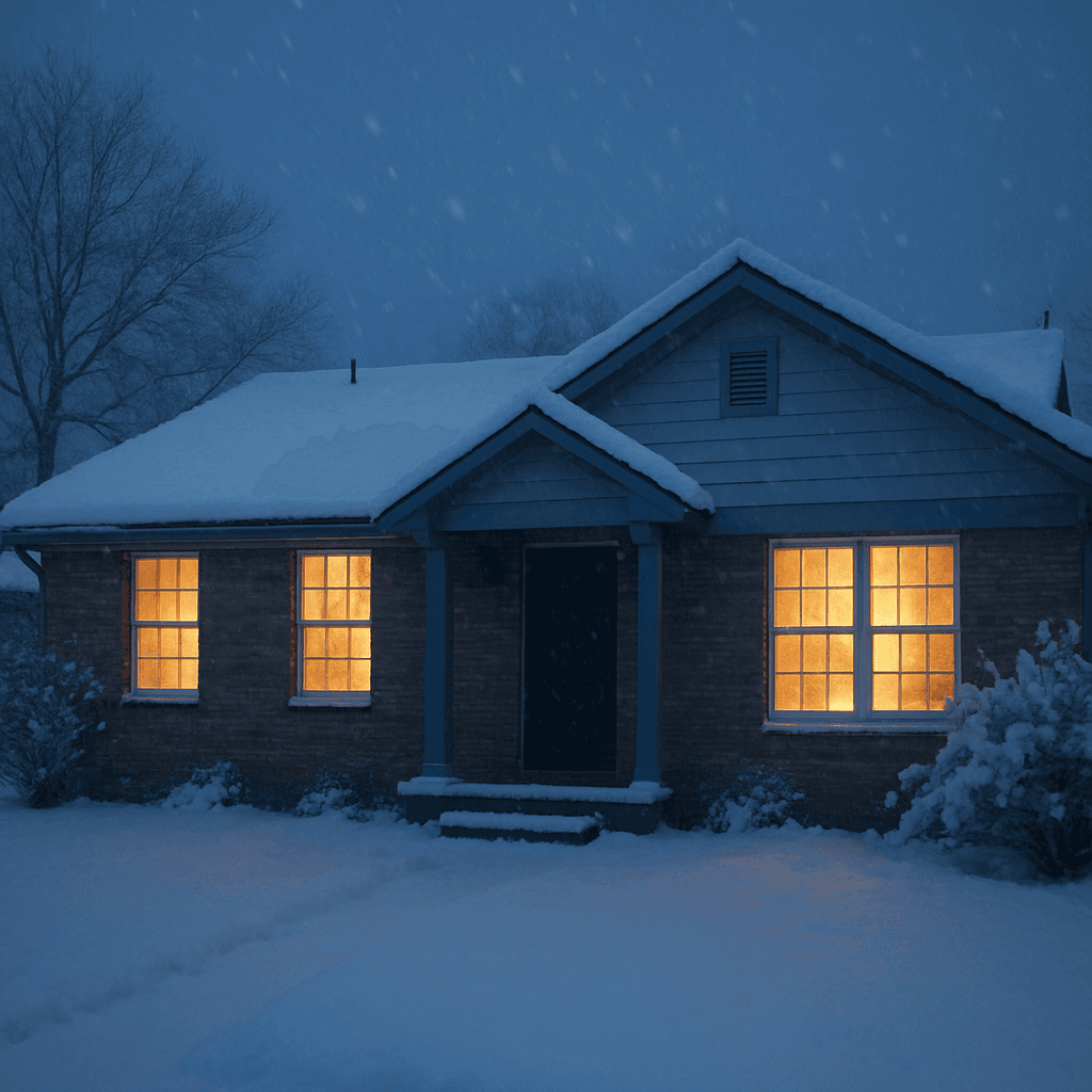 A snow-covered house exterior during a winter storm at dusk